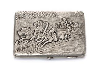 * A Russian Silver Cigarette Case, Makers mark KK, Moscow, the lid worked to show a winter landscape centered by riders in a tro