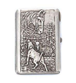 * A Russian Silver Cigarette Case, Maker's Mark Cyrillic CF, obscured Artel mark, Moscow, the lid worked to show a dog, horse an