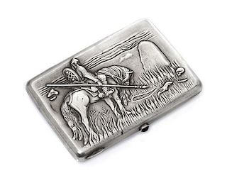 * A Russian Silver Cigarette Case, Maker's mark Cyrillic GE, Moscow, the lid worked to show a warrior on horseback mourning at a