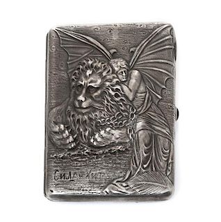 * A Russian Silver Cigarette Case, Maker's mark Cyrillic BYu, Moscow, the lid worked to show a woman clinging to the back of a w