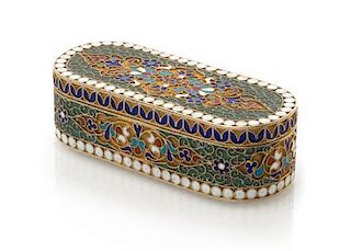 * A Russian Enameled Silver Snuff Box, Maker's mark GK, Moscow, the case having a matted gilt ground decorated with polychrome f