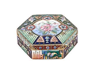 * A Russian Enameled Silver-Gilt Snuff Box, Mark of Sixth Artel, Moscow, early 20th century, of hexagonal form, the lid centered