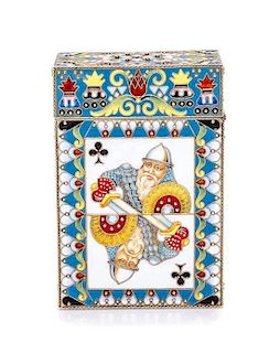 A Russian Silver-Gilt and Enamel Card Box, Attributed to Fedor Ruckert, Moscow, early 20th century, the box decorated with polyc