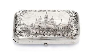* A Russian Niello Silver Cigarette Case, Maker's mark obscured, assay mark of Ivan Konstantinov, Moscow, 1875, the lid decorate