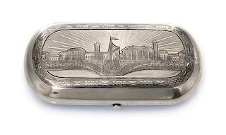 * A Russian Niello Silver Cigarette Case, Mark of Alexander Egorov, assay mark obscured, Moscow, 1868, the lid decorated with a