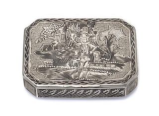 * A Russian Niello Silver Snuff Box, Maker's mark OH, assay mark of Andrey Kovalsky, Moscow, 1822, of rectangular form with cant