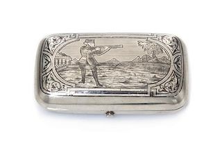 * A Russian Niello Silver Cigarette Case, Maker's mark Cyrillic IA, assay of Viktor Savinsky, Moscow, 1886, the lid decorated wi