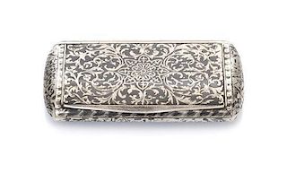 * A Continental Niello Silver Cigarette Case, Marks obscured, the case decorated with floral and foliate decoration throughout,