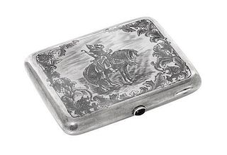 * A Russian Niello Silver Cigarette Case, Maker's mark Cyrillic AMYu4, Moscow, 20th century, the case decorated with an image of