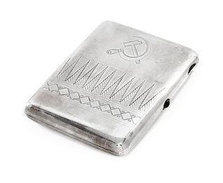 * A Russian Silver Cigarette Case, Soviet Artel mark OKhA, Moscow, early 20th century, the lid engraved with a Soviet hammer and