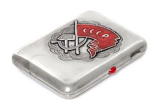 * A Russian Silver and Enamel Cigarette Case, Marked with a Soviet-era Artel stamp, Moscow, the lid decorated with the Soviet ha