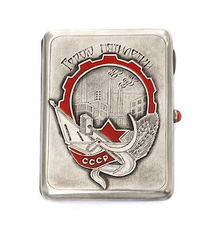 * A Soviet Russian Silver and Enamel Cigarette Case, Maker's mark Cyrillic AB, Moscow, 20th century, the lid decorated with appl