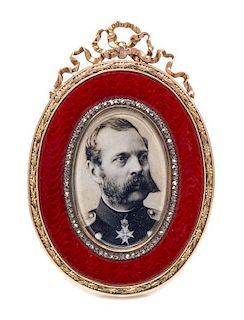 A Russian Guilloche Enamel, Gold and Diamond Picture Frame, Mark of Faberge, maker's mark of Henrik Wigstrom, St. Petersburg, la