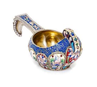 * A Russian Enameled Silver Kovsh, Mark of Gabriel & Michael Grachev, Moscow, late 19th/early 20th century, having a lobed body