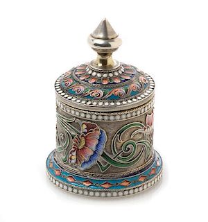 * A Russian Silver and Enamel Inkwell, Mark of Vasiili Agafonov, Moscow, late 19th/early 20th century, of cylindrical form, the