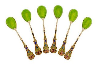 * A Set of Six Russian Silver-Gilt Guilloche and Plique-a-Jour Enamel Demitasse Spoons, Mark of 11th Artel, Moscow, early 20th c
