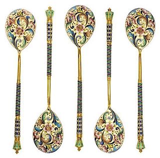 * A Group of Five Russian Silver-Gilt and Enamel Teaspoons, Mark of Fedor Ruckert, Moscow, early 20th century, each having a gre