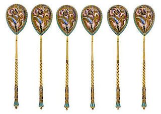 * A Set of Six Russian Silver-Gilt and Enamel Spoons, Mark of Maria Semenova, Moscow, early 20th century, each having an enamel