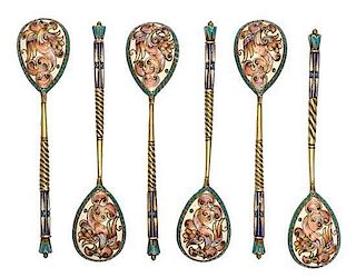 * A Set of Six Russian Silver-Gilt and Enamel Demitasse Spoons, Mark of Vasiili Agafonov, kokoshnik mark of Ivan Lebedkin, Mosco