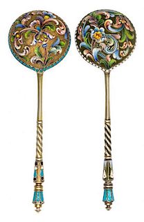 * Two Russian Silver-Gilt and Enamel Spoons, Mark of Maria Semenova, kokoshnik mark of Ivan Lebedkin, Moscow, late 19th/early 20