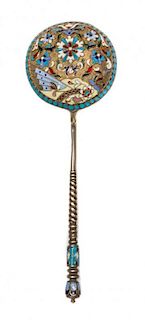 * A Russian Enameled Silver Spoon, Maker's mark obscured, Moscow, the back of the circular bowl worked with flower heads against