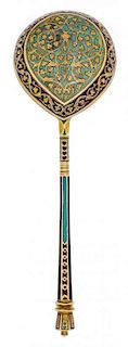 * A Russian Silver and Enamel Spoon, Maker's mark likely of P. Ovchinnikov, assay mark obscured, Moscow, 1878, the handle with p
