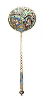 * A Russian Silver and Enamel Spoon, Maker's mark obscured, Moscow, late 19th/early 20th century, having a blue enameled spheric