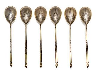 * Six Russian Niello Silver Spoons, Various makers, kokoshnik mark of Ivan Lebedkin, Moscow, late 19th/early 20th century, each