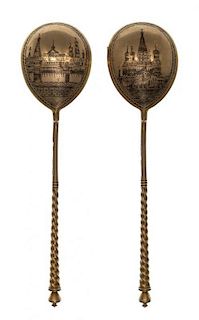 * Two Russian Niello Silver Spoons, Mark of Z. Lukachini, assay mark of Aleksandr Skvronsky, Moscow, 1894, each having a twist s