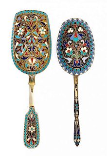 * Two Russian Silver-Gilt and Enamel Tea Scoops, One with mark of Ivan Saltykov, Moscow, 19th century, each with polychrome enam