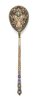 * A Russian Silver and Enamel Spoon, Mark of D.P. Nikitin, Moscow, early 20th century, having an enamel finial, the underside of