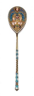 * A Russian Silver-Gilt and Enamel Spoon, Mark of Vasiili Agafonov, Moscow, late 19th/early 20th century, having an enameled fin