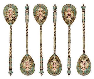 * A Set of Six Russian Silver-Gilt and Enamel Demitasse Spoons, Mark likely of Mikhail Sokolov, Moscow, 19th century, each havin
