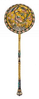 * A Russian Silver-Gilt and Enamel Spoon, Mark of Nikolai Zverev, Moscow, early 20th century, having an enameled finial on a twi