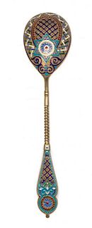 * A Russian Silver-Gilt and Enamel Spoon, Maker's mark Cyrillic AHK, assay mark of Anatoly Artsybashev, Moscow, late 19th centur