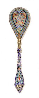 * A Russian Silver-Gilt and Enamel Spoon, Mark of Ivan Khlebnikov with Imperial warrant, assay mark of A. Romanov, Moscow, 1889,