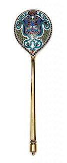 * A Russian Silver-Gilt and Enamel Spoon, Mark of Ivan Khlebnikov with Imperial warrant, assay mark of Viktor Savinsky, Moscow,