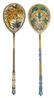 * Two Russian Silver-Gilt and Enamel Spoons, Mark likely of Vasiily Agafonov, kokoshnik mark of Ivan Lebedkin, Moscow, late 19th