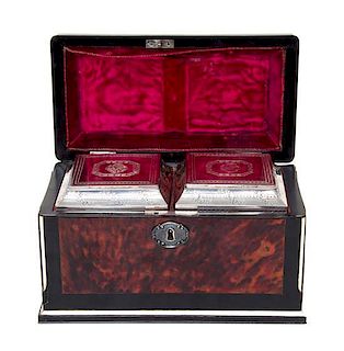 A George III Silver and Tortoise Shell Mounted Ebony Tea Caddy, Silver Liners Marked for Thomas Daniel, London, 1788, the hinged