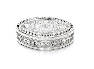 A George IV Snuff Box, James White, London, 1830, of oval form, the hinged lid centered by a rectangular monogrammed cartouche s