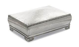 A Danish Silver Humidor, Christian F. Heise, Copenhagen, 1926, the rectangular box with bombe sides and domed lid, spot-hammered