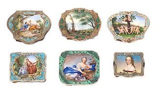 * A Group of Six Italian Silver and Enamel Compacts, , each having an enameled lid, four decorated with figures in a garden sett