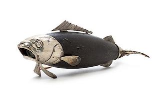 * An Italian Silver and Ebonized Wood Pepper Mill, Mid-20th Century, in the form of a fish.