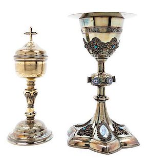 A French Enamel and Silver-Gilt Chalice and Paten, Maker's mark L (mullet) G, having a hexagonal base with enamel plaques depict