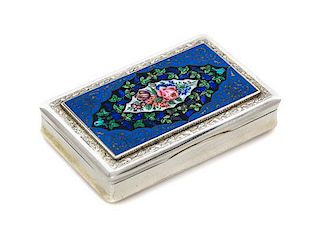 * An Austro-Hungarian Enameled Silver Snuff Box, Maker's mark ELS, 1837, the hinged lid with an enameled plaque with floral, fol
