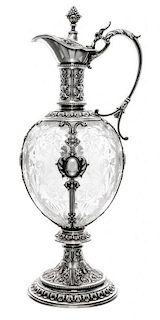 A German Silver and Etched Glass Wine Ewer, Likely Koch & Bergfeld, Bremen, 19th century, having a berry finial surmounting a fl