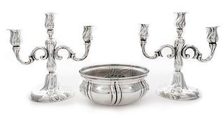 A German Silver Three-Piece Table Garniture, First half 20th century, comprising a centerpiece bowl with a glass liner and a pai