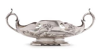 A Russian Silver Handled Centerpiece Bowl, Maker's mark obscured, kokoshnik of Ivan Lebedkin, Moscow, of lobed oval form, the pi
