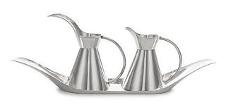 * A Mexican Silver Creamer and Milk Pot Tray, Sanborns, Mexico City, 20th Century, with conical bodies and oversized spouts, the