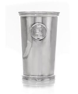 * A Mexican Silver Beaker, L.Maciel, 20th Century, tapering, applied with a 1964 American Silver Kennedy Half-Dollar to one side